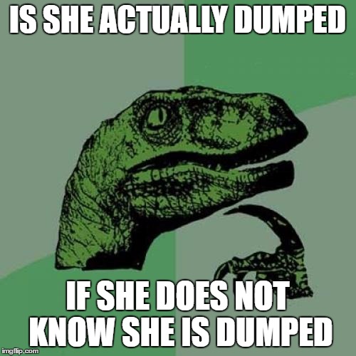 Philosoraptor Meme | IS SHE ACTUALLY DUMPED IF SHE DOES NOT KNOW SHE IS DUMPED | image tagged in memes,philosoraptor | made w/ Imgflip meme maker