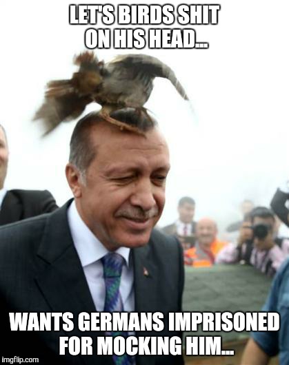Erdogan | LET'S BIRDS SHIT ON HIS HEAD... WANTS GERMANS IMPRISONED FOR MOCKING HIM... | image tagged in erdogan bird | made w/ Imgflip meme maker