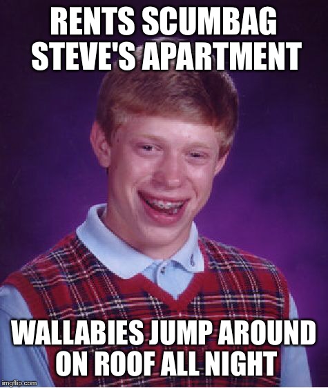 Bad Luck Brian Meme | RENTS SCUMBAG STEVE'S APARTMENT WALLABIES JUMP AROUND ON ROOF ALL NIGHT | image tagged in memes,bad luck brian | made w/ Imgflip meme maker