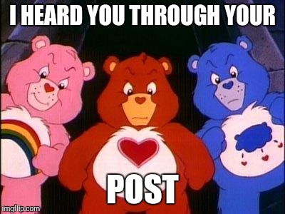 pissed care bears | I HEARD YOU THROUGH YOUR; POST | image tagged in pissed care bears | made w/ Imgflip meme maker