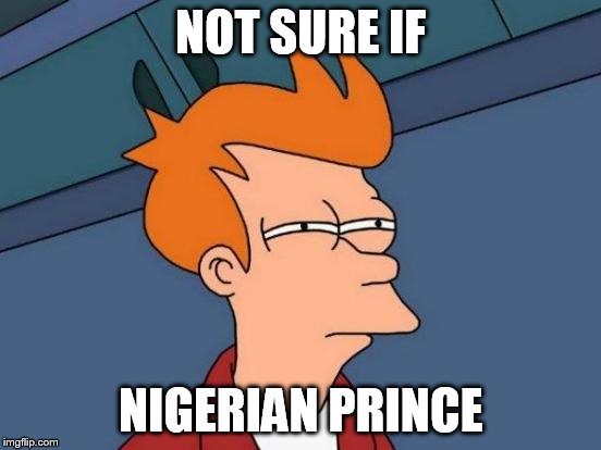 Futurama Fry Meme | NOT SURE IF NIGERIAN PRINCE | image tagged in memes,futurama fry | made w/ Imgflip meme maker