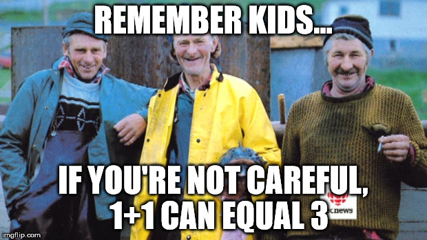 Newfie Fishermen | REMEMBER KIDS... IF YOU'RE NOT CAREFUL,  1+1 CAN EQUAL 3 | image tagged in newfie fishermen | made w/ Imgflip meme maker