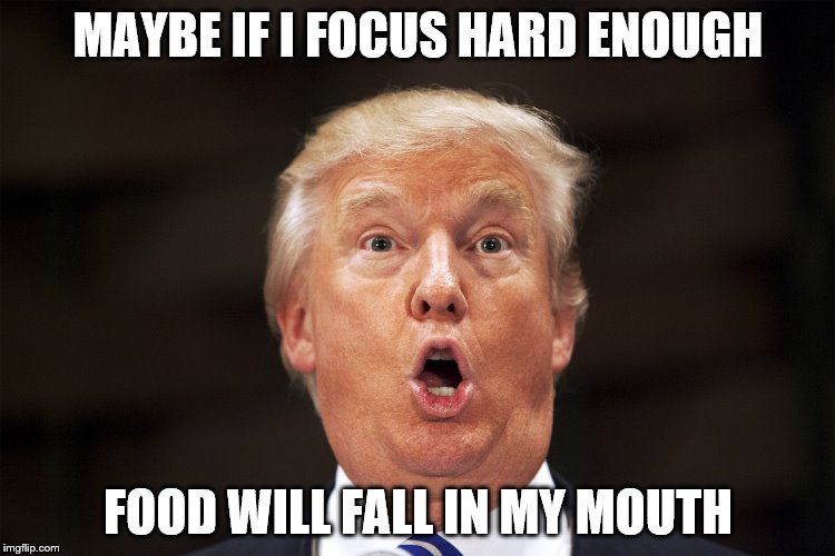 Trump needs to go on a diet | MAYBE IF I FOCUS HARD ENOUGH; FOOD WILL FALL IN MY MOUTH | image tagged in trump,donald trump,chinese food,magic | made w/ Imgflip meme maker