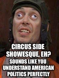 CIRCUS SIDE SHOWESQUE, EH? SOUNDS LIKE YOU UNDERSTAND AMERICAN POLITICS PERFECTLY | made w/ Imgflip meme maker