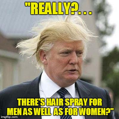 Donald Trump | "REALLY?. . . THERE'S HAIR SPRAY FOR MEN AS WELL  AS FOR WOMEN?" | image tagged in donald trump | made w/ Imgflip meme maker
