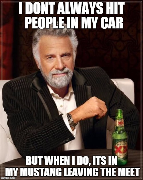 The Most Interesting Man In The World | I DONT ALWAYS HIT 
PEOPLE IN MY CAR; BUT WHEN I DO, ITS IN MY MUSTANG LEAVING THE MEET | image tagged in memes,the most interesting man in the world | made w/ Imgflip meme maker