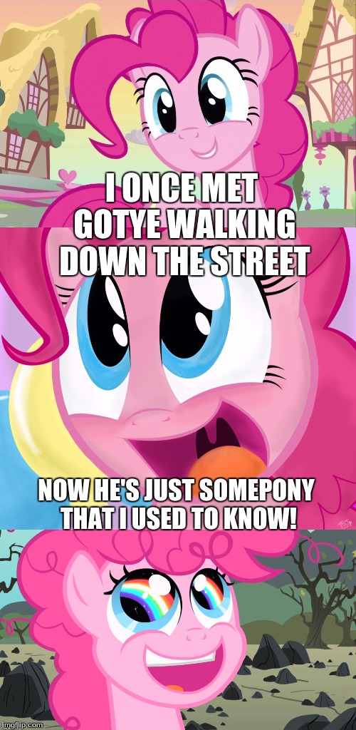 search "gotye" and you'll understand... | I ONCE MET GOTYE WALKING DOWN THE STREET; NOW HE'S JUST SOMEPONY THAT I USED TO KNOW! | image tagged in bad pun pinkie pie,gotye,just somebody that i used to know | made w/ Imgflip meme maker