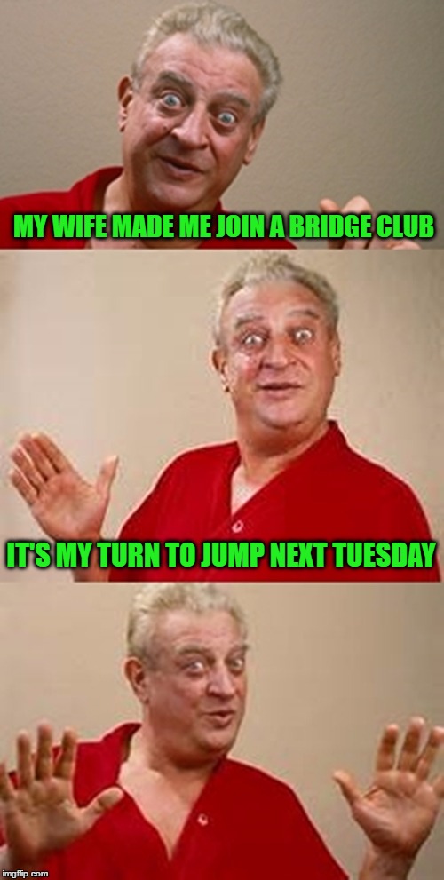 bad pun Dangerfield  | MY WIFE MADE ME JOIN A BRIDGE CLUB; IT'S MY TURN TO JUMP NEXT TUESDAY | image tagged in bad pun dangerfield | made w/ Imgflip meme maker