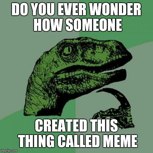 Philosoraptor | DO YOU EVER WONDER HOW SOMEONE; CREATED THIS THING CALLED MEME | image tagged in memes,philosoraptor | made w/ Imgflip meme maker