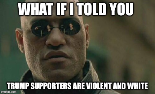 Matrix Morpheus Meme | WHAT IF I TOLD YOU; TRUMP SUPPORTERS ARE VIOLENT AND WHITE | image tagged in memes,matrix morpheus | made w/ Imgflip meme maker