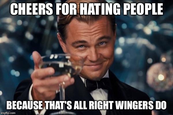 Leonardo Dicaprio Cheers Meme | CHEERS FOR HATING PEOPLE; BECAUSE THAT'S ALL RIGHT WINGERS DO | image tagged in memes,leonardo dicaprio cheers | made w/ Imgflip meme maker