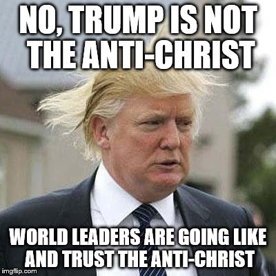 Donald Trump | NO, TRUMP IS NOT THE ANTI-CHRIST; WORLD LEADERS ARE GOING LIKE AND TRUST THE ANTI-CHRIST | image tagged in donald trump | made w/ Imgflip meme maker
