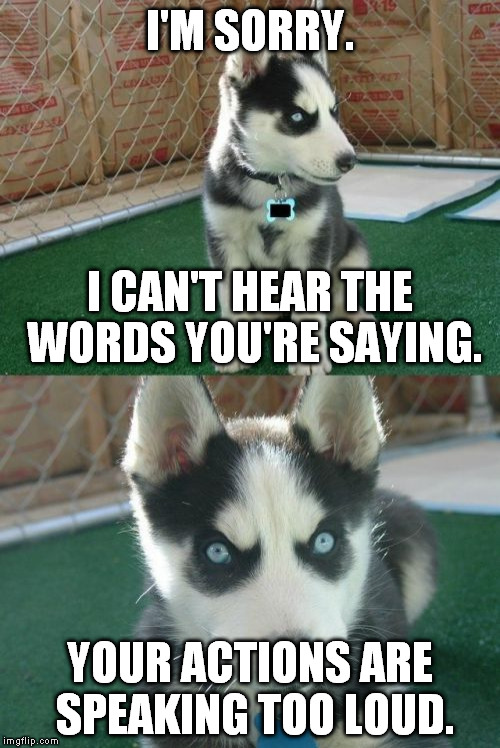 Your actions | I'M SORRY. I CAN'T HEAR THE WORDS YOU'RE SAYING. YOUR ACTIONS ARE SPEAKING TOO LOUD. | image tagged in so true memes,actions speak louder than words,insanity puppy | made w/ Imgflip meme maker