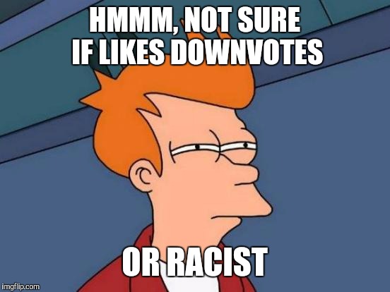 Futurama Fry Meme | HMMM, NOT SURE IF LIKES DOWNVOTES OR RACIST | image tagged in memes,futurama fry | made w/ Imgflip meme maker