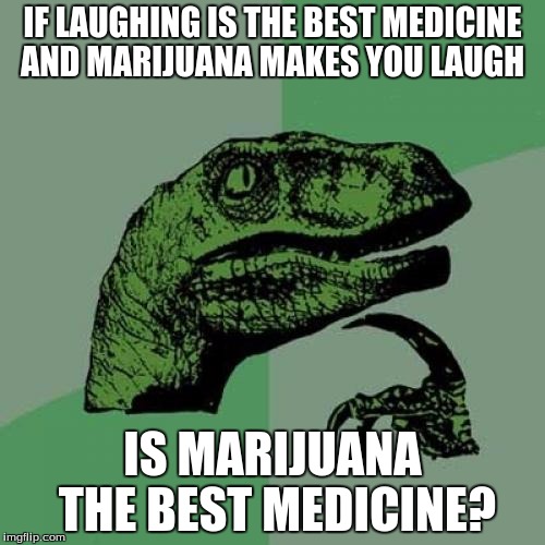 Philosoraptor Meme | IF LAUGHING IS THE BEST MEDICINE AND MARIJUANA MAKES YOU LAUGH; IS MARIJUANA THE BEST MEDICINE? | image tagged in memes,philosoraptor | made w/ Imgflip meme maker
