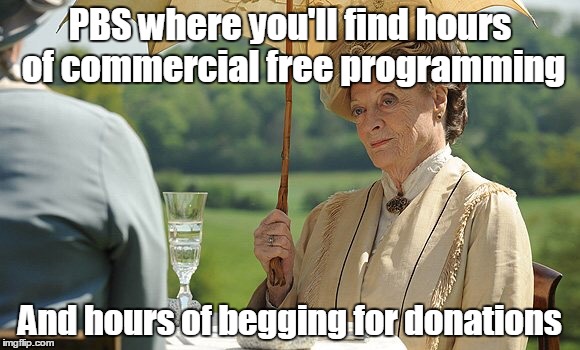 There ain't no free lunch | PBS where you'll find hours of commercial free programming; And hours of begging for donations | image tagged in countess violet from downton abbey,pbs,memes | made w/ Imgflip meme maker