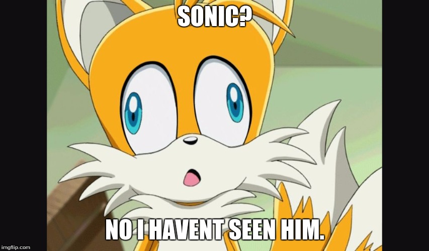 sonic- Derp Tails | SONIC? NO I HAVENT SEEN HIM. | image tagged in sonic- derp tails | made w/ Imgflip meme maker
