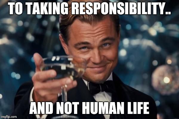 Leonardo Dicaprio Cheers Meme | TO TAKING RESPONSIBILITY.. AND NOT HUMAN LIFE | image tagged in memes,leonardo dicaprio cheers | made w/ Imgflip meme maker