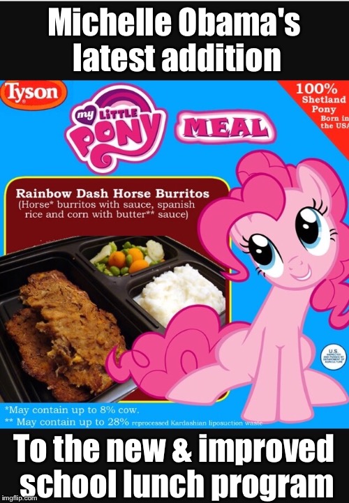 Nutritious and delicious  | Michelle Obama's latest addition; To the new & improved school lunch program | image tagged in memes,funny,my little pony | made w/ Imgflip meme maker