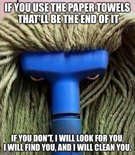 Liam Neeson's mop | IF YOU USE THE PAPER TOWELS THAT'LL BE THE END OF IT; IF YOU DON'T, I WILL LOOK FOR YOU, I WILL FIND YOU, AND I WILL CLEAN YOU. | image tagged in memes,funny,liam neeson taken | made w/ Imgflip meme maker