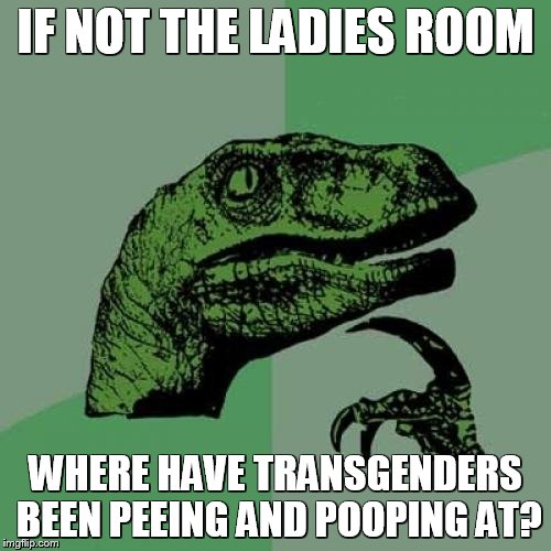 A QUESTION FOR OUR TIME | IF NOT THE LADIES ROOM; WHERE HAVE TRANSGENDERS BEEN PEEING AND POOPING AT? | image tagged in memes,philosoraptor,transgender,gay rights,ridiculous | made w/ Imgflip meme maker