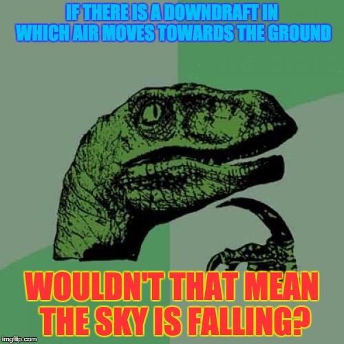 Philosoraptors did not go extinct: they simply evolved into Chicken Littles | IF THERE IS A DOWNDRAFT IN WHICH AIR MOVES TOWARDS THE GROUND; WOULDN'T THAT MEAN THE SKY IS FALLING? | image tagged in memes,philosoraptor | made w/ Imgflip meme maker