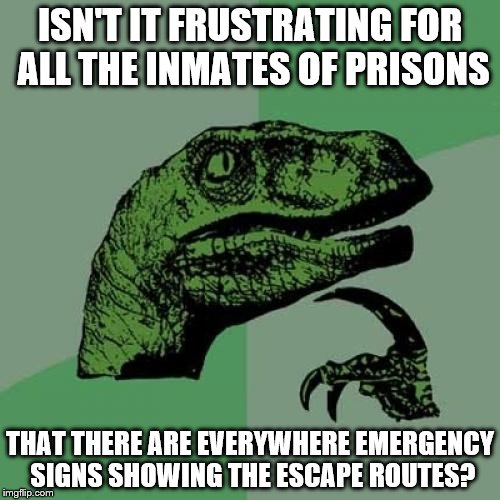 Philosoraptor | ISN'T IT FRUSTRATING FOR ALL THE INMATES OF PRISONS; THAT THERE ARE EVERYWHERE EMERGENCY SIGNS SHOWING THE ESCAPE ROUTES? | image tagged in memes,philosoraptor | made w/ Imgflip meme maker