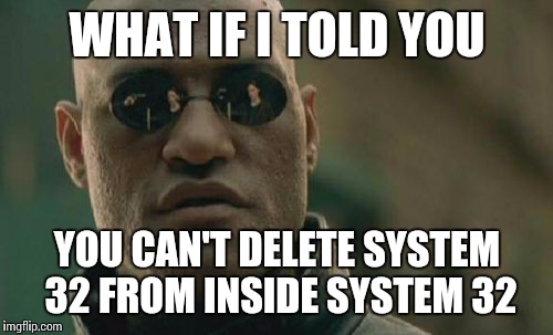 Matrix Morpheus Meme | WHAT IF I TOLD YOU YOU CAN'T DELETE SYSTEM 32 FROM INSIDE SYSTEM 32 | image tagged in memes,matrix morpheus | made w/ Imgflip meme maker