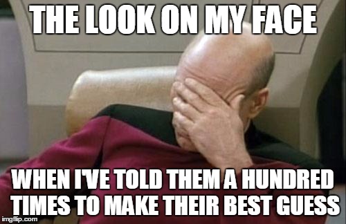 Captain Picard Facepalm Meme | THE LOOK ON MY FACE; WHEN I'VE TOLD THEM A HUNDRED TIMES TO MAKE THEIR BEST GUESS | image tagged in memes,captain picard facepalm | made w/ Imgflip meme maker