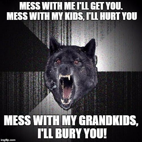 Insanity Wolf Meme | MESS WITH ME I'LL GET YOU. MESS WITH MY KIDS, I'LL HURT YOU; MESS WITH MY GRANDKIDS, I'LL BURY YOU! | image tagged in memes,insanity wolf | made w/ Imgflip meme maker