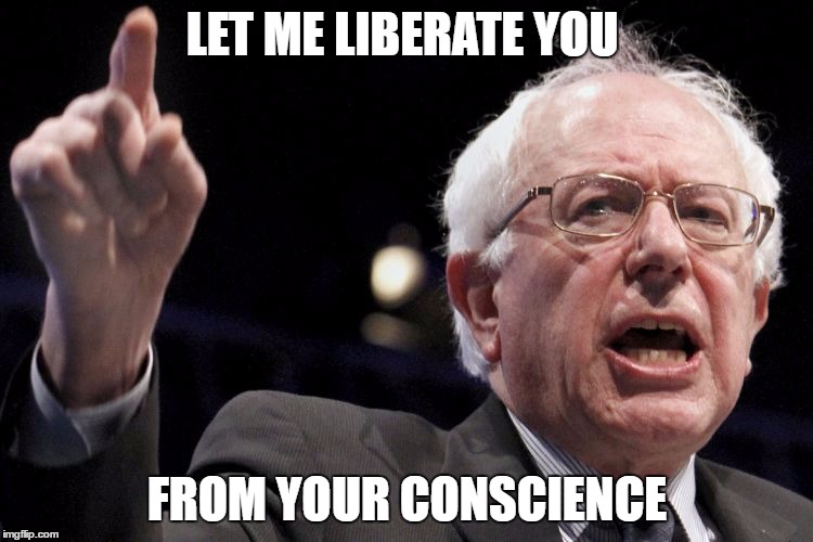Bernie Sanders | LET ME LIBERATE YOU; FROM YOUR CONSCIENCE | image tagged in bernie sanders | made w/ Imgflip meme maker