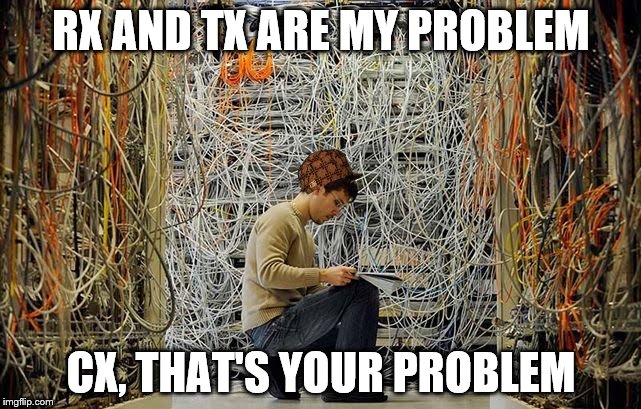 NetworkEngineer | RX AND TX ARE MY PROBLEM; CX, THAT'S YOUR PROBLEM | image tagged in networkengineer,scumbag,techsupportanimals | made w/ Imgflip meme maker