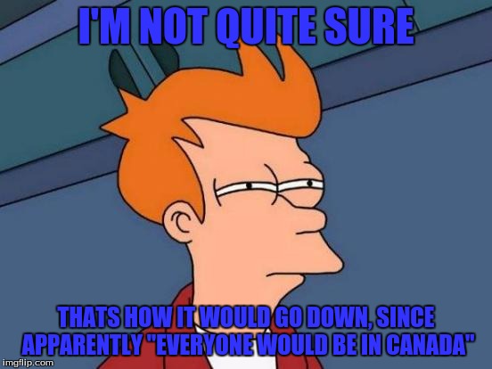 Futurama Fry Meme | I'M NOT QUITE SURE THATS HOW IT WOULD GO DOWN, SINCE APPARENTLY "EVERYONE WOULD BE IN CANADA" | image tagged in memes,futurama fry | made w/ Imgflip meme maker