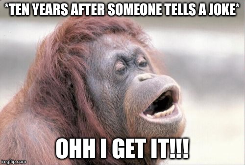 Monkey OOH Meme | *TEN YEARS AFTER SOMEONE TELLS A JOKE*; OHH I GET IT!!! | image tagged in memes,monkey ooh | made w/ Imgflip meme maker