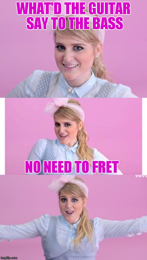 WHAT'D THE GUITAR SAY TO THE BASS; NO NEED TO FRET | image tagged in bad pun megan trainor | made w/ Imgflip meme maker