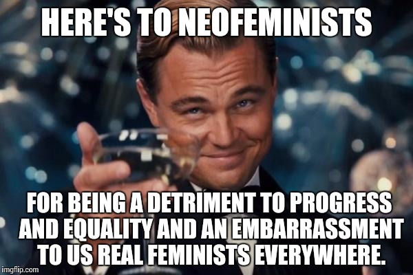 Leonardo Dicaprio Cheers Meme | HERE'S TO NEOFEMINISTS FOR BEING A DETRIMENT TO PROGRESS AND EQUALITY AND AN EMBARRASSMENT TO US REAL FEMINISTS EVERYWHERE. | image tagged in memes,leonardo dicaprio cheers | made w/ Imgflip meme maker