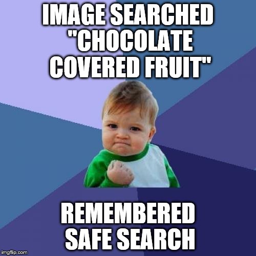 TOO many times I've forgotten the trauma that one little setting could have saved me.  | IMAGE SEARCHED "CHOCOLATE COVERED FRUIT"; REMEMBERED SAFE SEARCH | image tagged in memes,success kid | made w/ Imgflip meme maker