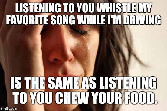 First World Problems | LISTENING TO YOU WHISTLE MY FAVORITE SONG WHILE I'M DRIVING; IS THE SAME AS LISTENING TO YOU CHEW YOUR FOOD. | image tagged in memes,first world problems | made w/ Imgflip meme maker