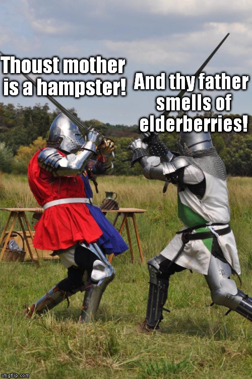 The Medieval Comment War | Thoust mother is a hampster! And thy father smells of elderberries! | image tagged in knights fighting,monty python and the holy grail,movies,quotes | made w/ Imgflip meme maker