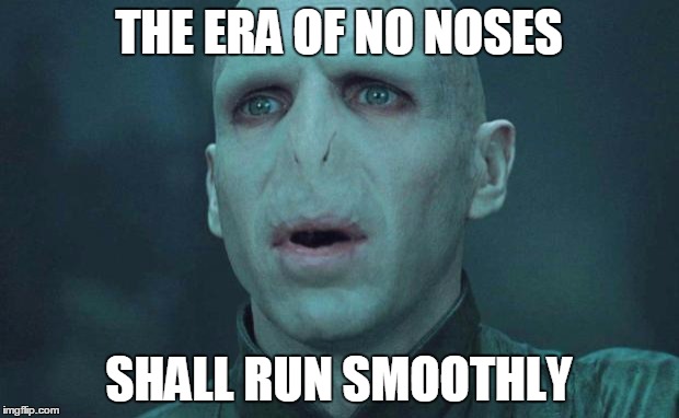 Voldemort | THE ERA OF NO NOSES; SHALL RUN SMOOTHLY | image tagged in voldemort | made w/ Imgflip meme maker