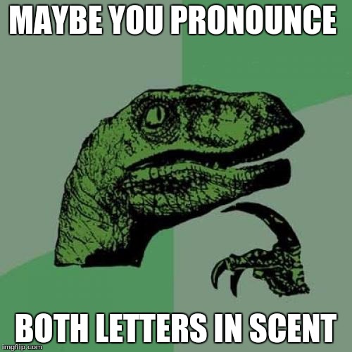 MAYBE YOU PRONOUNCE BOTH LETTERS IN SCENT | image tagged in memes,philosoraptor | made w/ Imgflip meme maker