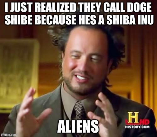 Ancient Aliens Meme | I JUST REALIZED THEY CALL DOGE SHIBE BECAUSE HES A SHIBA INU; ALIENS | image tagged in memes,ancient aliens | made w/ Imgflip meme maker