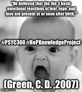Angry Baby Meme | "He believed that the the 3 basic emotional reactions of fear, rage, and love are present at or soon after birth. "; #PSYC360 #HoPKnowledgeProject; (Green, C. D. ,2007) | image tagged in memes,angry baby | made w/ Imgflip meme maker