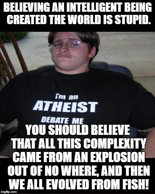 BELIEVING AN INTELLIGENT BEING CREATED THE WORLD IS STUPID. YOU SHOULD BELIEVE THAT ALL THIS COMPLEXITY CAME FROM AN EXPLOSION OUT OF NO WHERE, AND THEN WE ALL EVOLVED FROM FISH! | image tagged in atheism,atheist,atheists,idiots,scumbags,stupidity | made w/ Imgflip meme maker