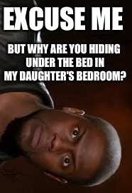 Flippin Fun On IMGFLIP | EXCUSE ME; BUT WHY ARE YOU HIDING UNDER
THE BED IN MY DAUGHTER'S BEDROOM? | image tagged in memes,kevin hart the hell | made w/ Imgflip meme maker