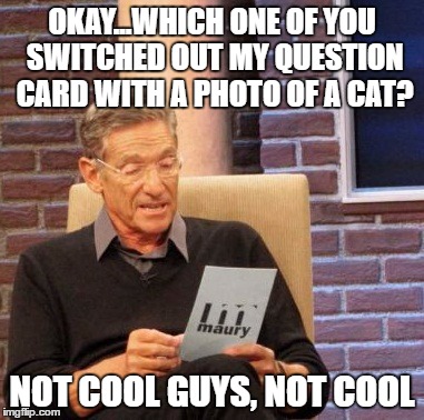 What the...cat? | OKAY...WHICH ONE OF YOU SWITCHED OUT MY QUESTION CARD WITH A PHOTO OF A CAT? NOT COOL GUYS, NOT COOL | image tagged in memes,maury lie detector | made w/ Imgflip meme maker