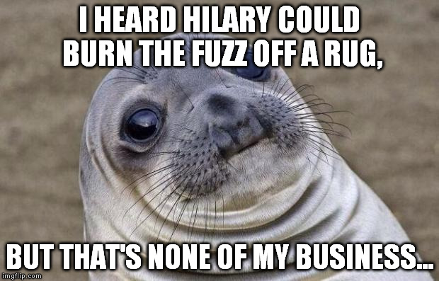 Awkward Moment Sealion Meme | I HEARD HILARY COULD BURN THE FUZZ OFF A RUG, BUT THAT'S NONE OF MY BUSINESS... | image tagged in memes,awkward moment sealion | made w/ Imgflip meme maker