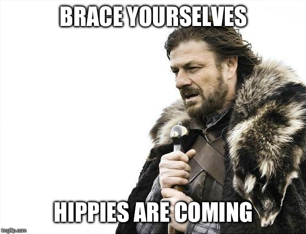 Brace Yourselves X is Coming Meme | BRACE YOURSELVES HIPPIES ARE COMING | image tagged in memes,brace yourselves x is coming | made w/ Imgflip meme maker