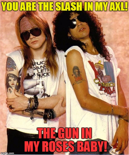 bffs | YOU ARE THE SLASH IN MY AXL! THE GUN IN MY ROSES BABY! | image tagged in music | made w/ Imgflip meme maker