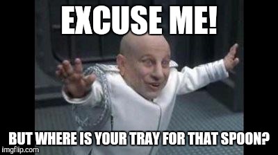 Mini me kickstand | EXCUSE ME! BUT WHERE IS YOUR TRAY FOR THAT SPOON? | image tagged in mini me kickstand | made w/ Imgflip meme maker